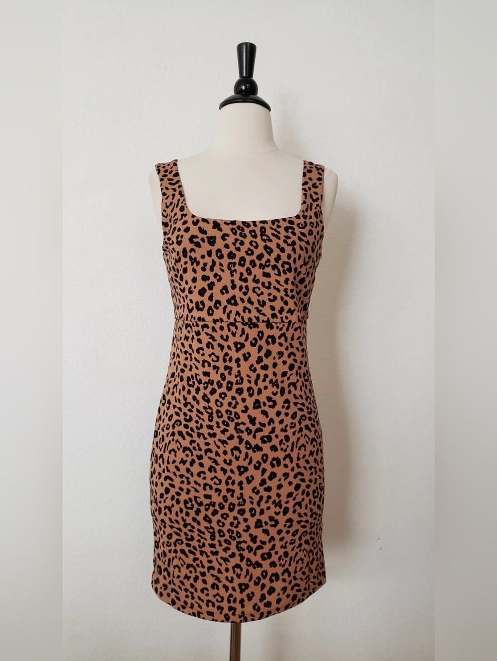 Leopard Print Square Neck Bodycon Dress in Brown and Black